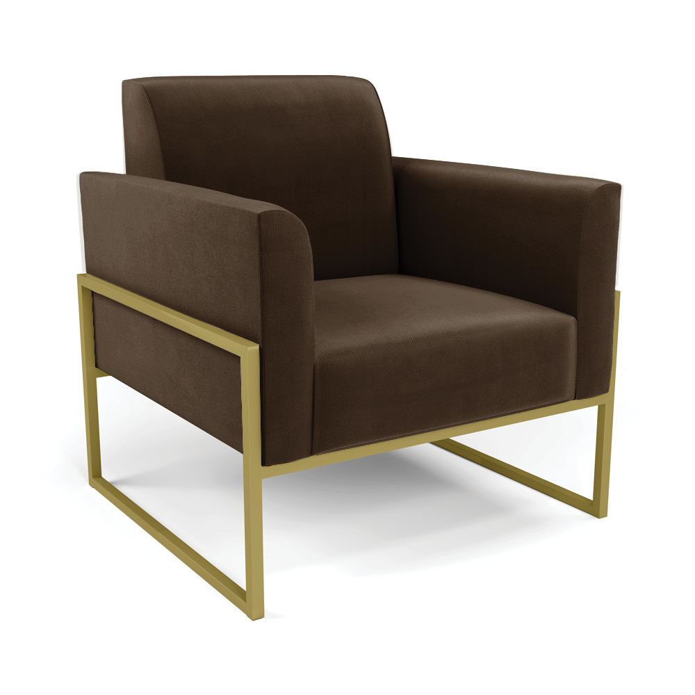 Sofá Namoradeira com 2 Poltronas Base Industrial Alta Dourado Marisa Suede Marrom D03 - D'Rossi