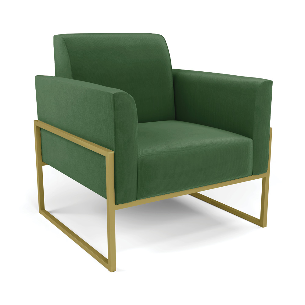 Sofá Namoradeira com 2 Poltronas Base Industrial Alta Dourado Marisa Suede Verde D03 - D'Rossi