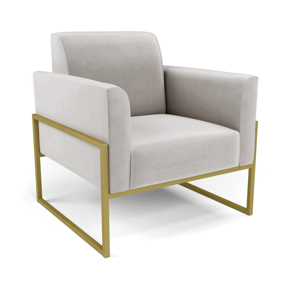 Sofá Namoradeira com 2 Poltronas Base Industrial Alta Dourado Marisa Veludo Cinza D03 - D'Rossi