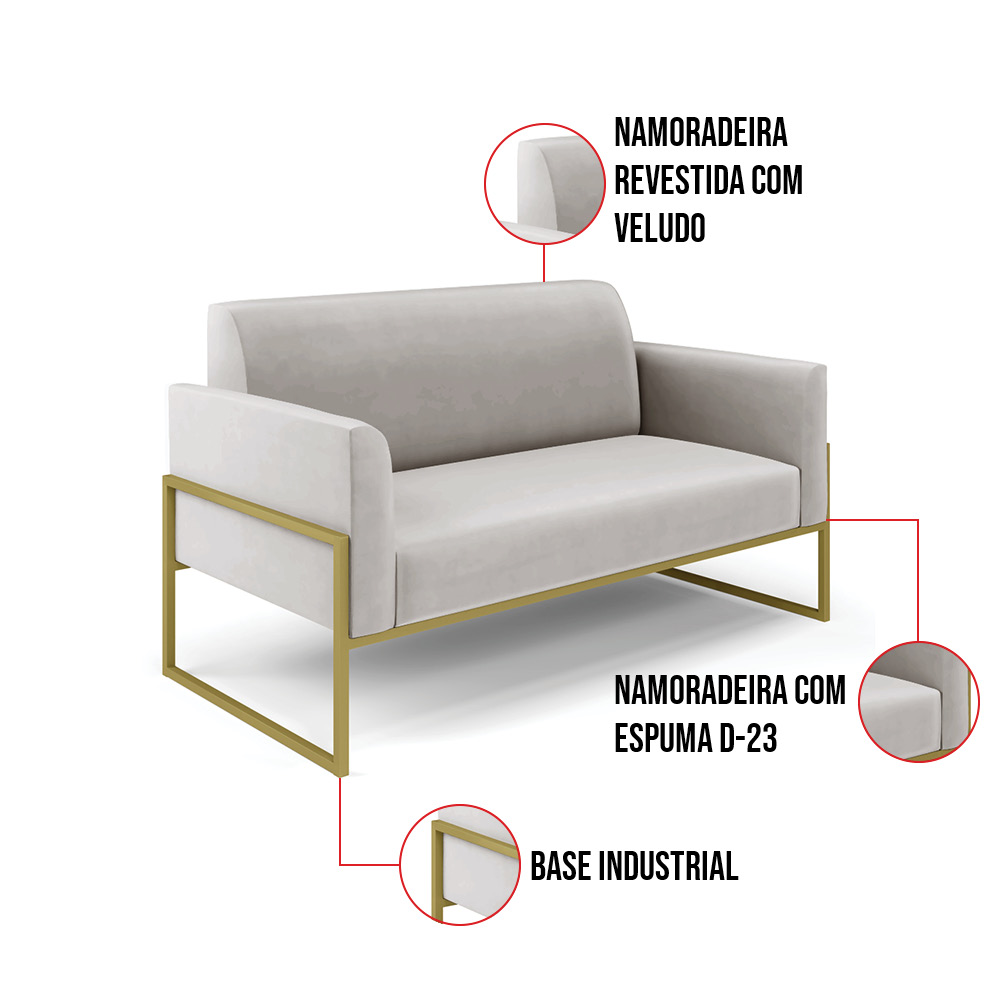 Sofá Namoradeira com 2 Poltronas Base Industrial Alta Dourado Marisa Veludo Cinza D03 - D'Rossi