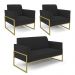 Sofá Namoradeira com 2 Poltronas Base Industrial Alta Dourado Marisa Veludo Preto D03 - D'Rossi