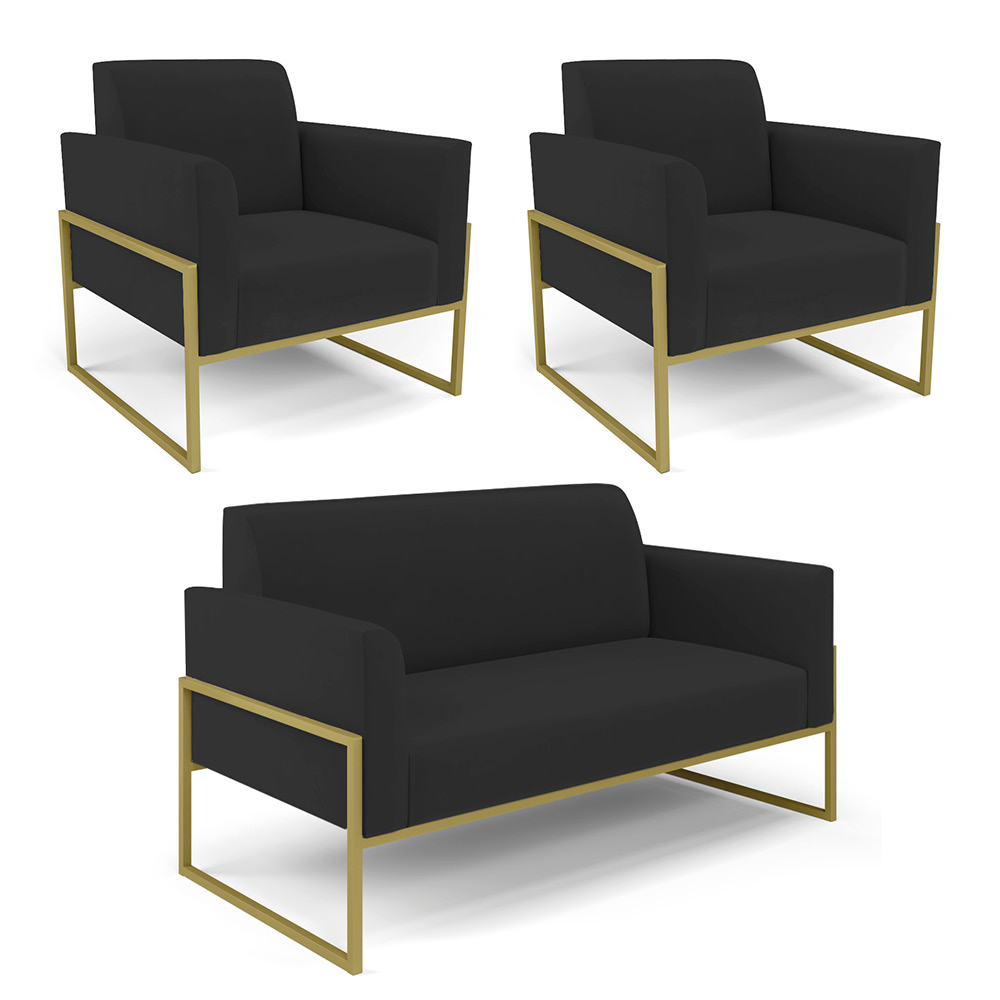 Sofá Namoradeira com 2 Poltronas Base Industrial Alta Dourado Marisa Veludo Preto D03 - D'Rossi