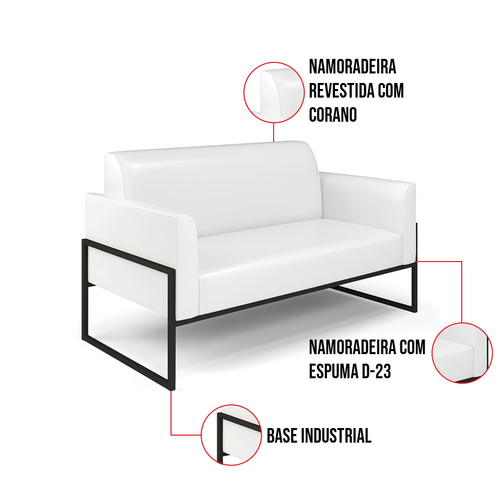 Sofá Namoradeira com 2 Poltronas Base Industrial Alta Preto Marisa Corano Branco D03 - D'Rossi