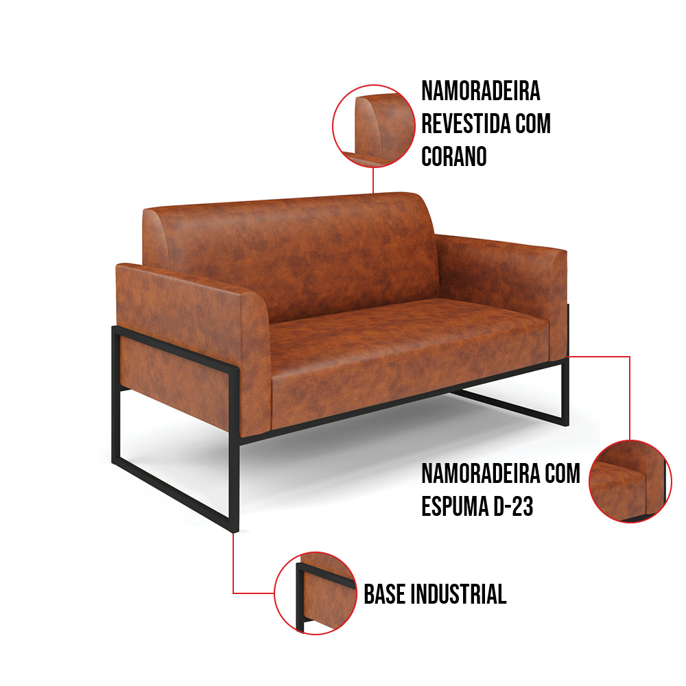 Sofá Namoradeira com 2 Poltronas Base Industrial Alta Preto Marisa Corano Nozes D03 - D'Rossi