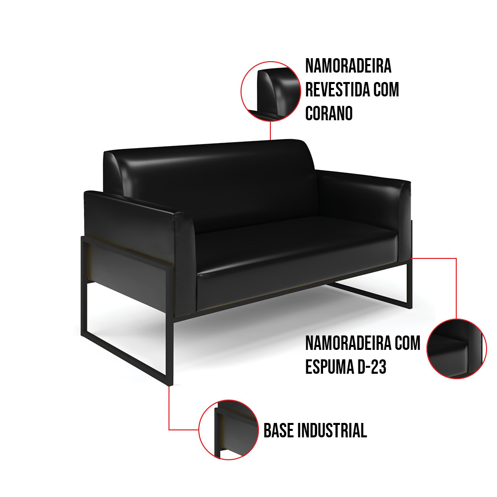 Sofá Namoradeira com 2 Poltronas Base Industrial Alta Preto Marisa Corano Preto D03 - D'Rossi