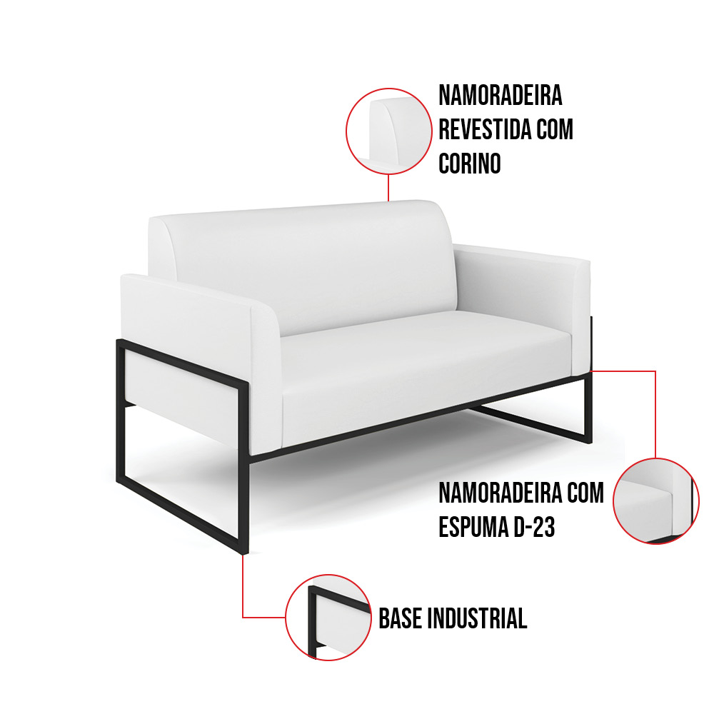 Sofá Namoradeira com 2 Poltronas Base Industrial Alta Preto Marisa Corino Branco D03 - D'Rossi