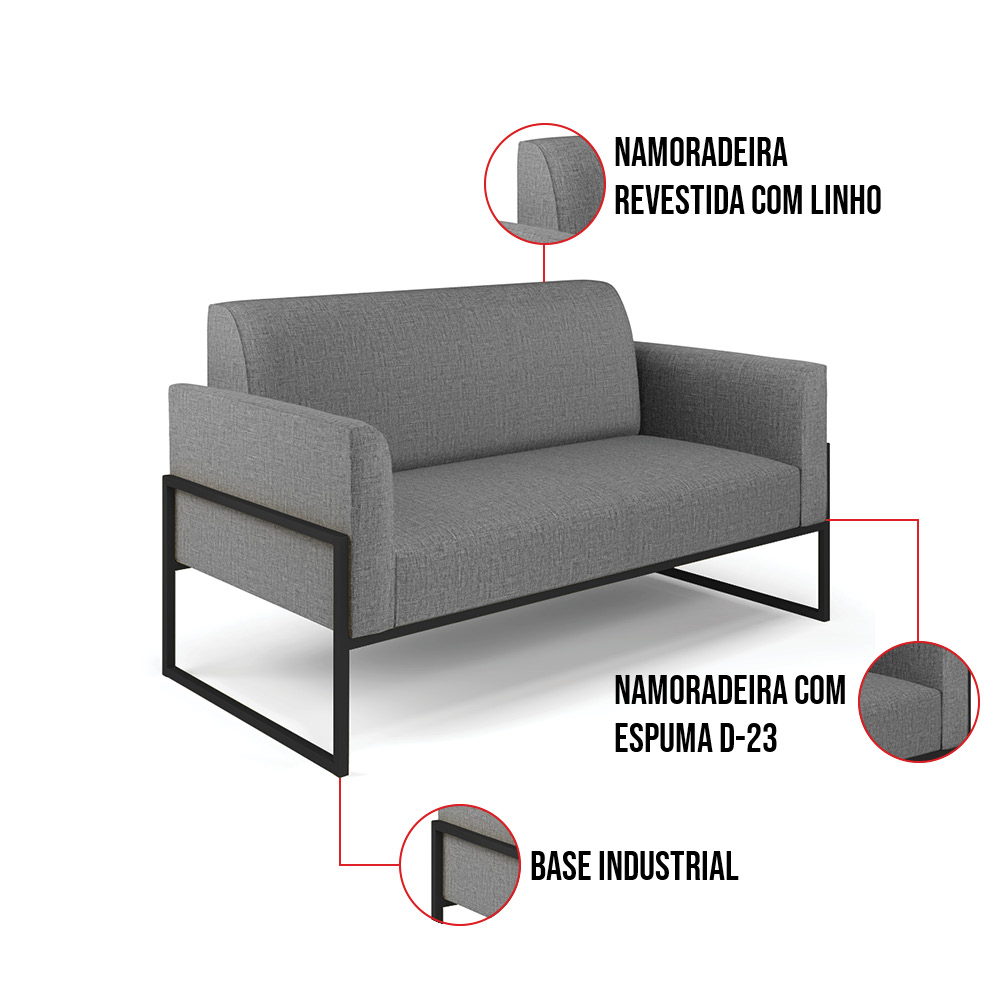 Sofá Namoradeira com 2 Poltronas Base Industrial Alta Preto Marisa Linho Grafite A26 D03 - D'Rossi