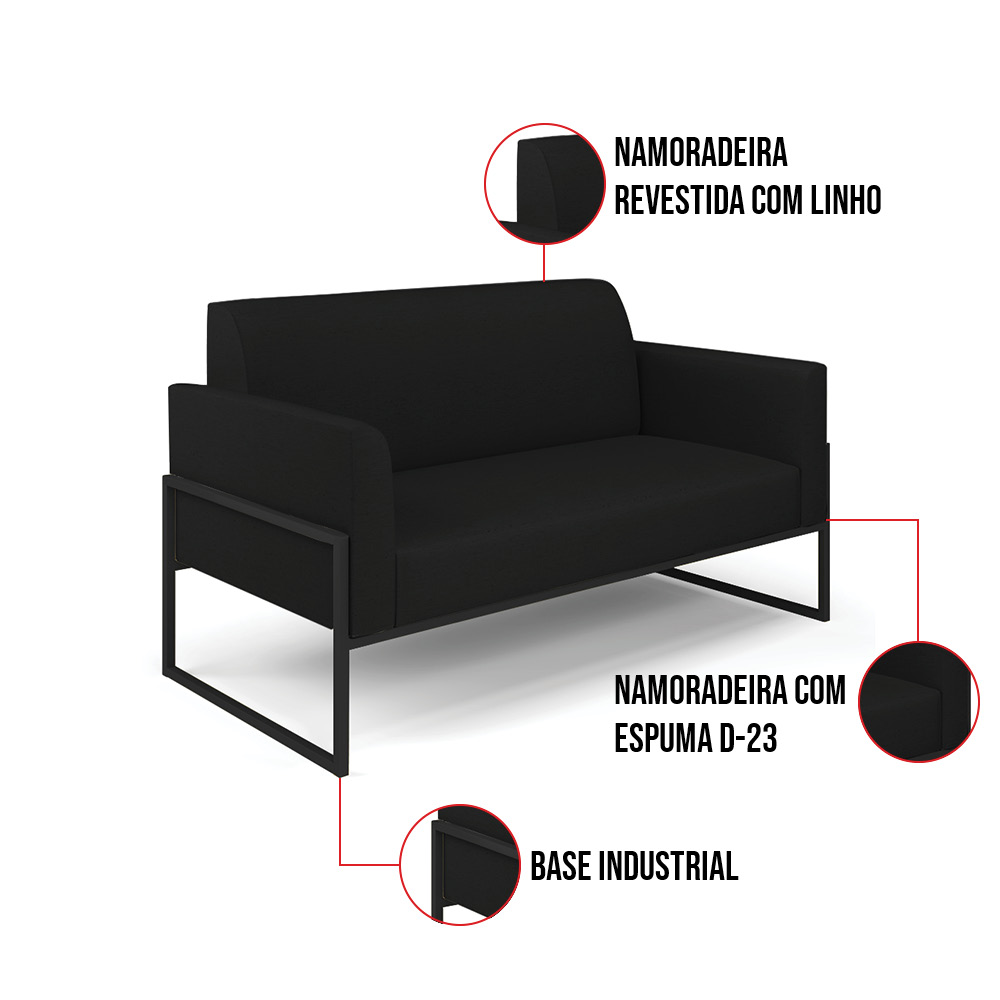 Sofá Namoradeira com 2 Poltronas Base Industrial Alta Preto Marisa Linho Preto A79 D03 - D'Rossi