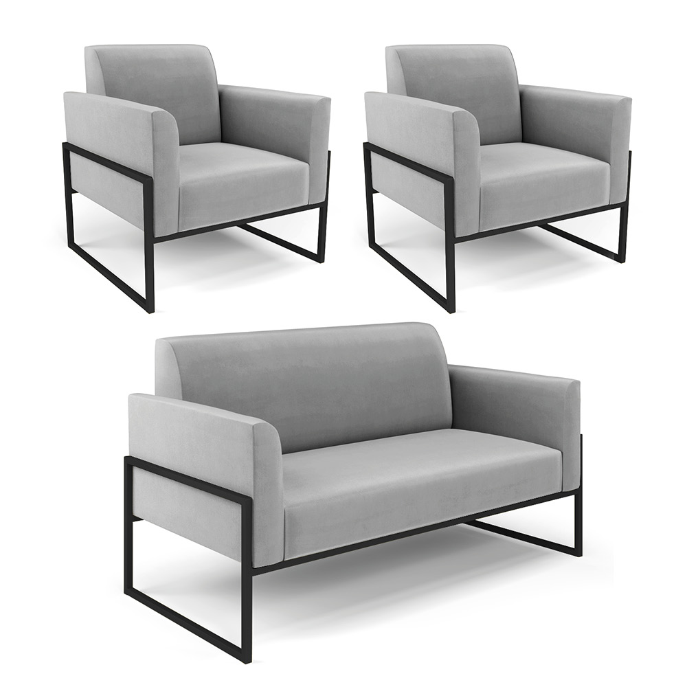 Sofá Namoradeira com 2 Poltronas Base Industrial Alta Preto Marisa Suede Cinza D03 - D'Rossi