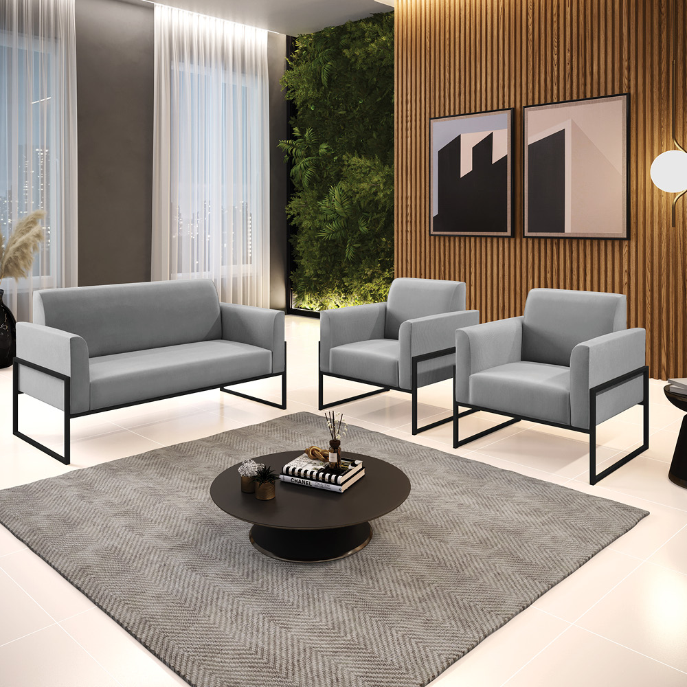 Sofá Namoradeira com 2 Poltronas Base Industrial Alta Preto Marisa Suede Cinza D03 - D'Rossi