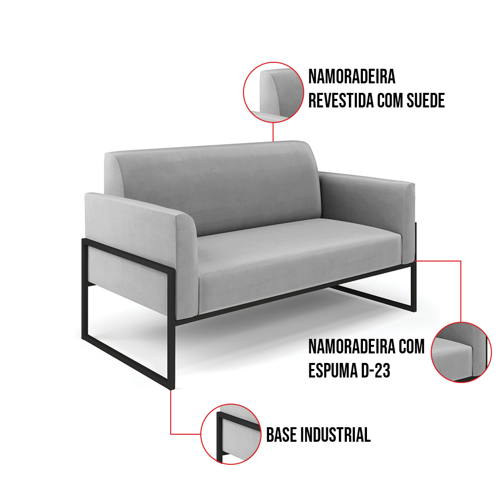 Sofá Namoradeira com 2 Poltronas Base Industrial Alta Preto Marisa Suede Cinza D03 - D'Rossi