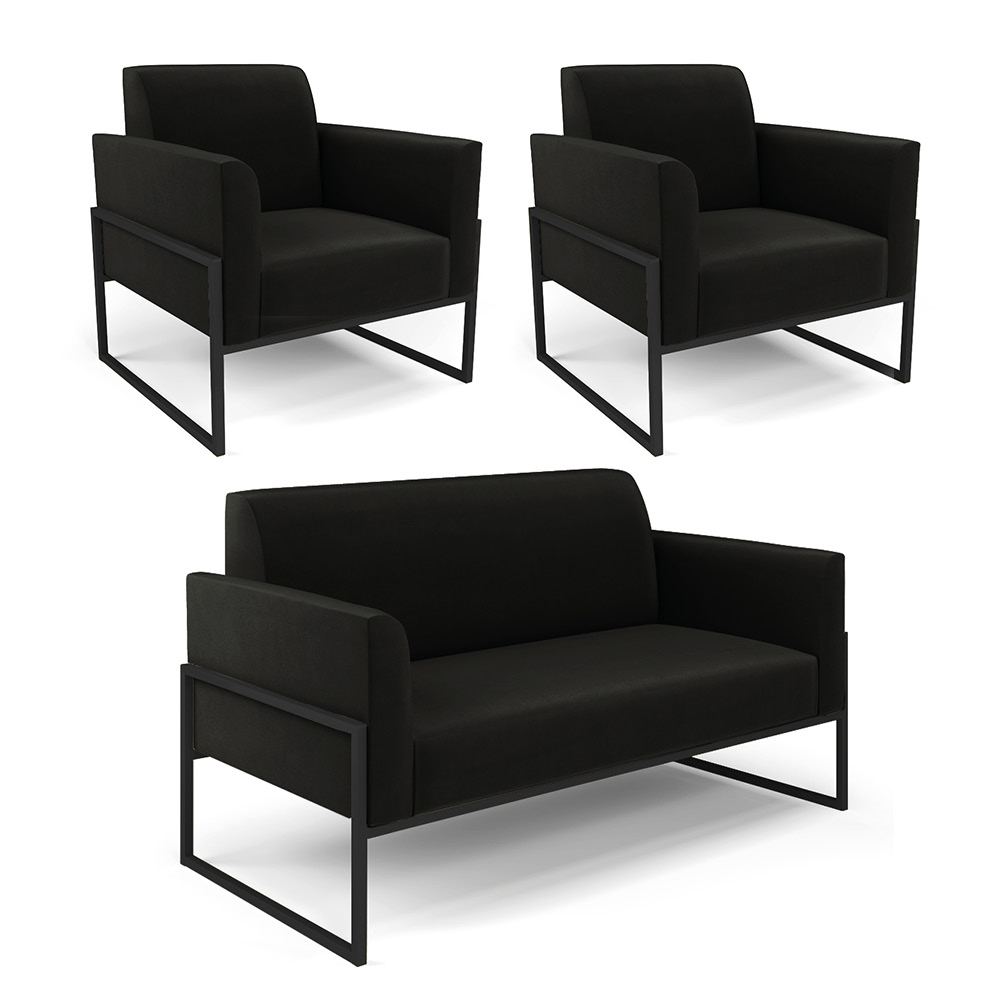 Sofá Namoradeira com 2 Poltronas Base Industrial Alta Preto Marisa Suede Preto D03 - D'Rossi