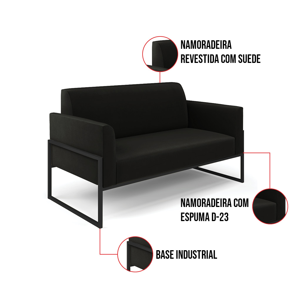 Sofá Namoradeira com 2 Poltronas Base Industrial Alta Preto Marisa Suede Preto D03 - D'Rossi