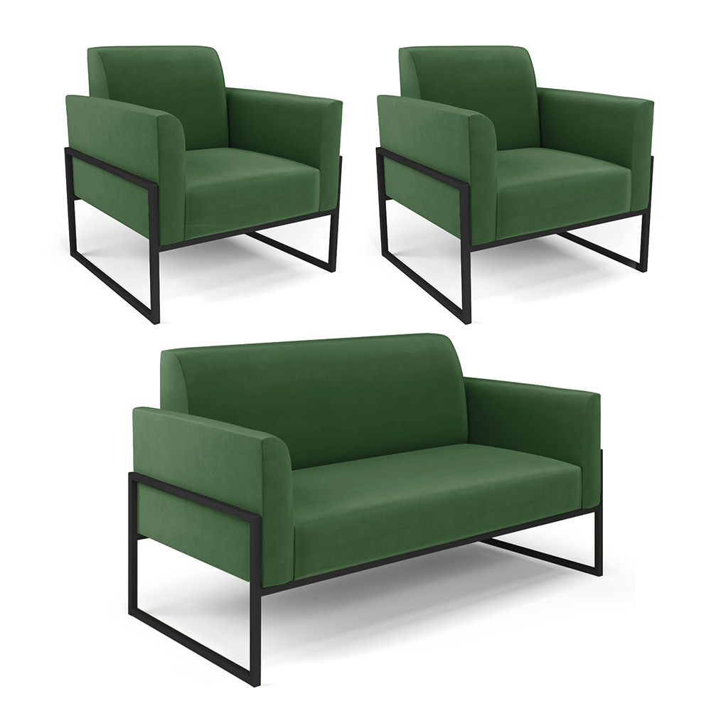 Sofá Namoradeira com 2 Poltronas Base Industrial Alta Preto Marisa Suede Verde D03 - D'Rossi