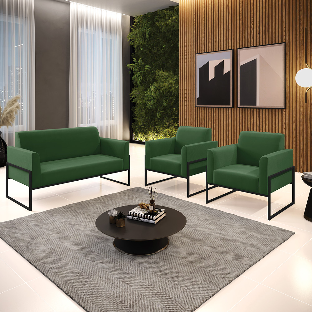 Sofá Namoradeira com 2 Poltronas Base Industrial Alta Preto Marisa Suede Verde D03 - D'Rossi