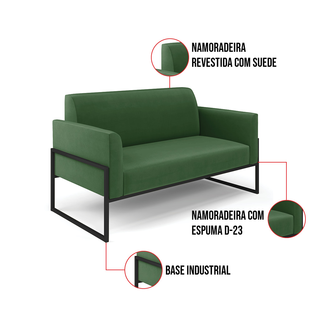Sofá Namoradeira com 2 Poltronas Base Industrial Alta Preto Marisa Suede Verde D03 - D'Rossi
