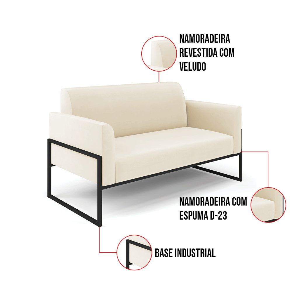 Sofá Namoradeira com 2 Poltronas Base Industrial Alta Preto Marisa Veludo Bege D03 - D'Rossi