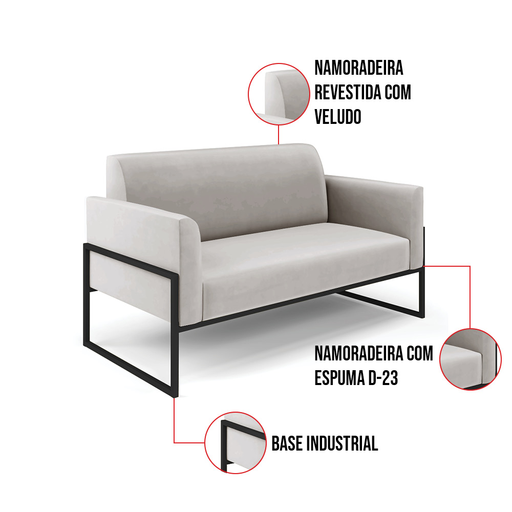 Sofá Namoradeira com 2 Poltronas Base Industrial Alta Preto Marisa Veludo Cinza D03 - D'Rossi