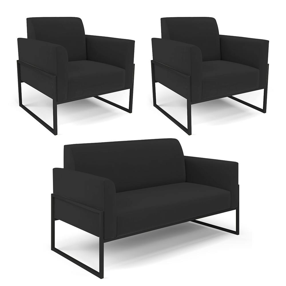 Sofá Namoradeira com 2 Poltronas Base Industrial Alta Preto Marisa Veludo Preto D03 - D'Rossi