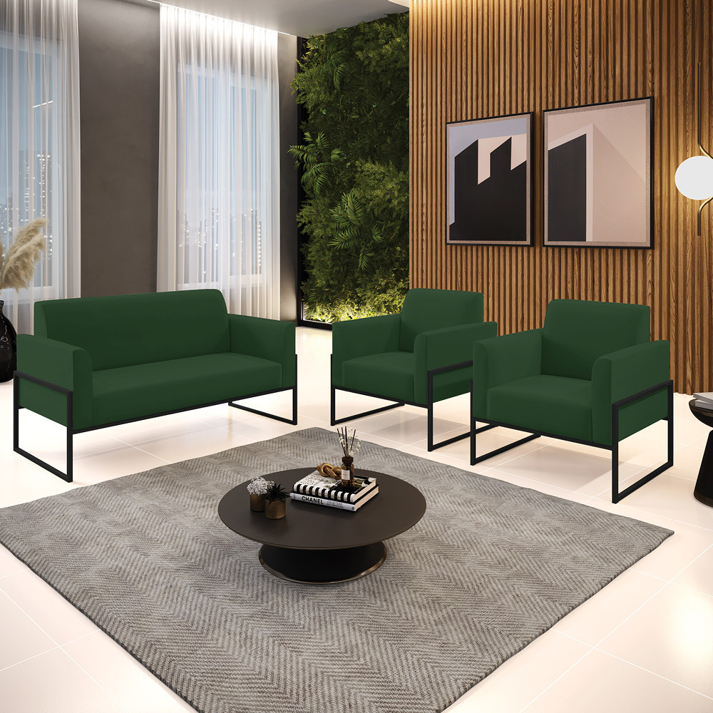 Sofá Namoradeira com 2 Poltronas Base Industrial Alta Preto Marisa Veludo Verde D03 - D'Rossi