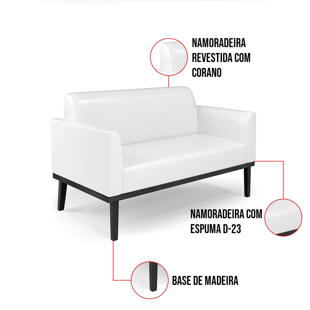 Sofá Namoradeira com 2 Poltronas Base de Madeira Fixa Preto Marisa Corano Branco D03 - D'Rossi