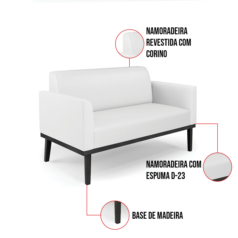 Sofá Namoradeira com 2 Poltronas Base de Madeira Fixa Preto Marisa Corino Branco D03 - D'Rossi