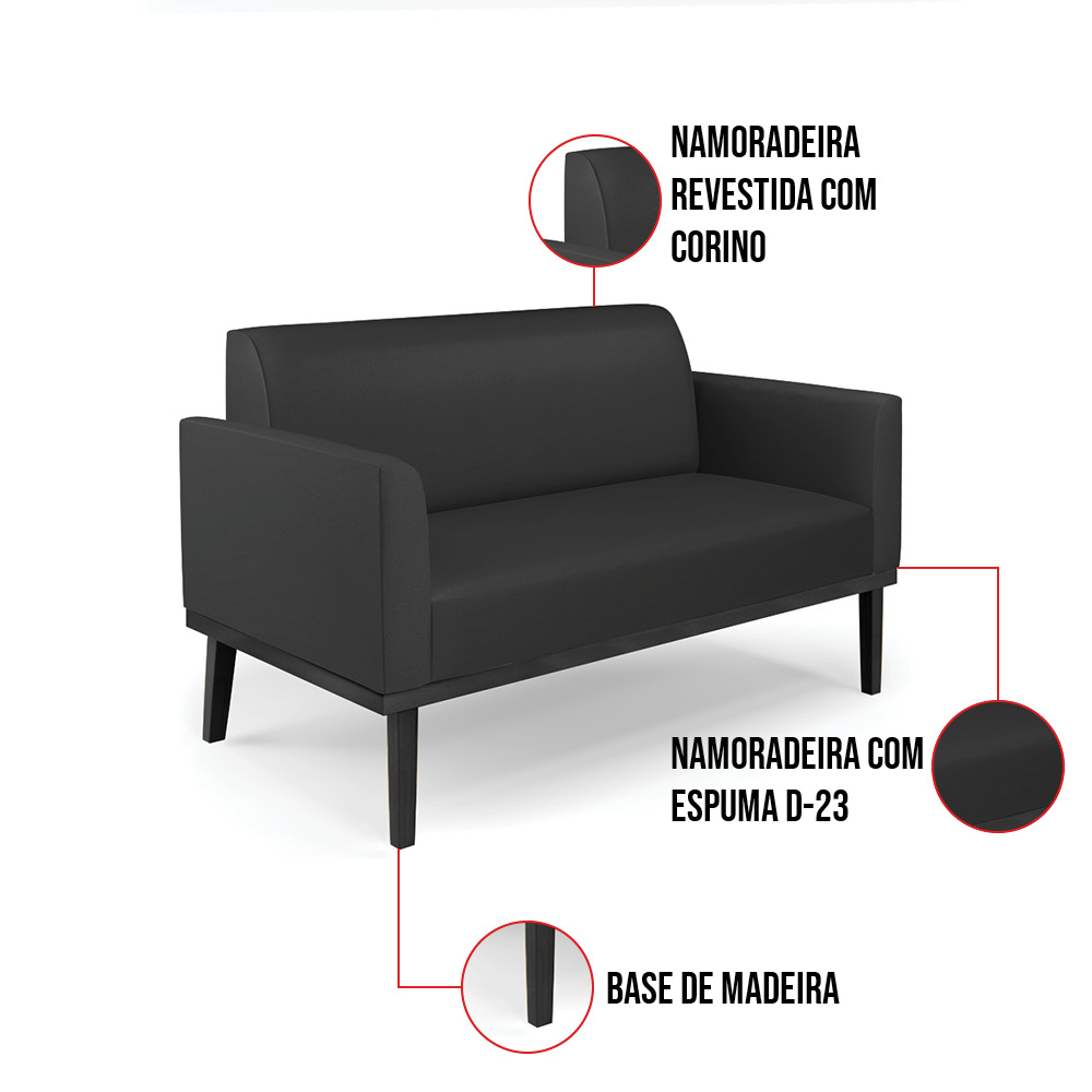 Sofá Namoradeira com 2 Poltronas Base de Madeira Fixa Preto Marisa Corino Preto D03 - D'Rossi