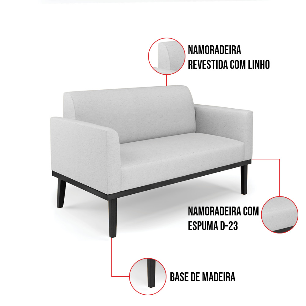 Sofá Namoradeira com 2 Poltronas Base de Madeira Fixa Preto Marisa Linho Cinza A05  D03 - D'Rossi