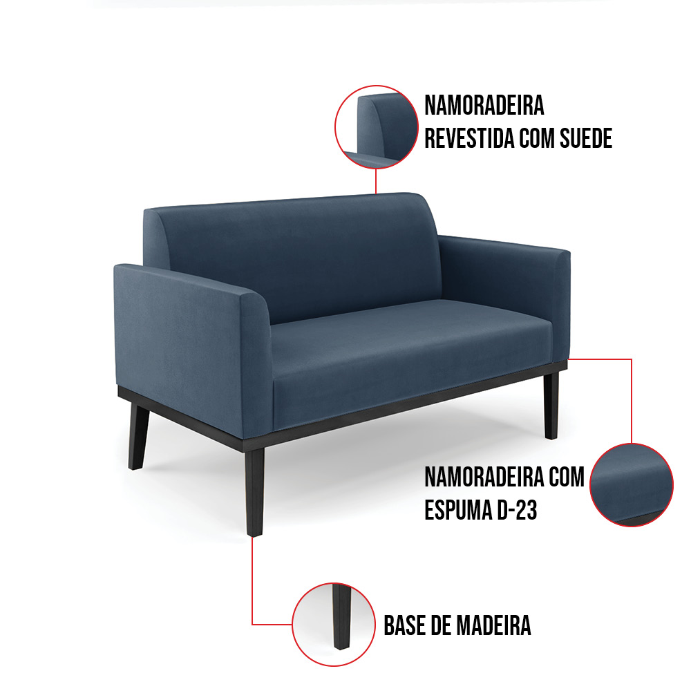 Sofá Namoradeira com 2 Poltronas Base de Madeira Fixa Preto Marisa Suede Azul Marinho  D03 - D'Rossi