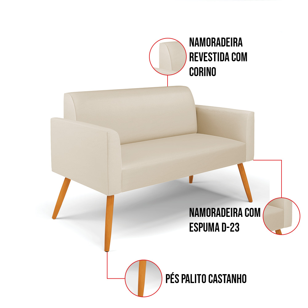 Sofá Namoradeira com 2 Poltronas Pés Palito Castanho Marisa Corino Bege D03 - D'Rossi