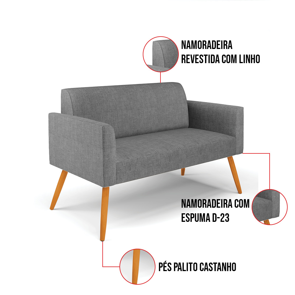 Sofá Namoradeira com 2 Poltronas Pés Palito Castanho Marisa Linho Grafite A26 D03 - D'Rossi