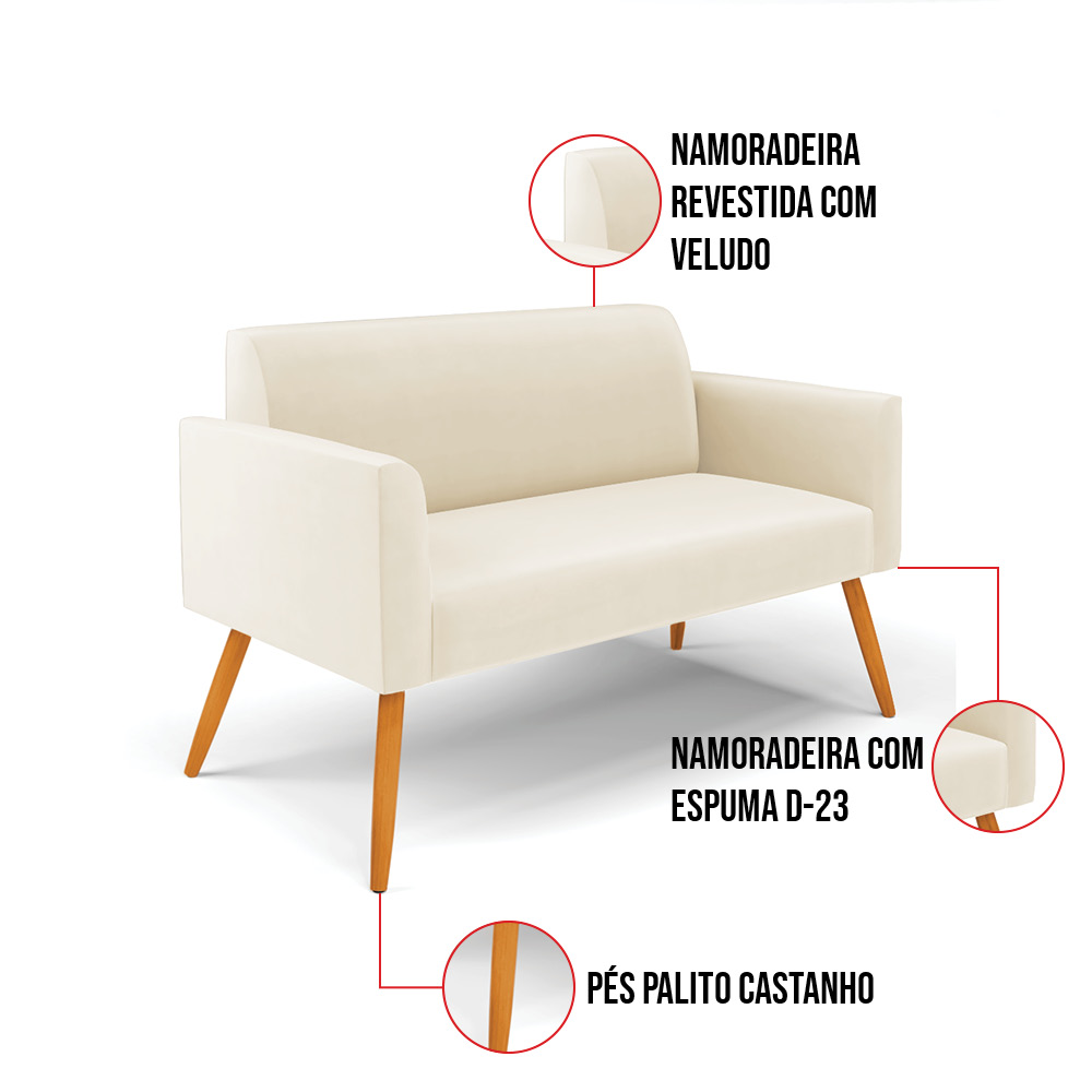 Sofá Namoradeira com 2 Poltronas Pés Palito Castanho Marisa Veludo Bege D03 - D'Rossi