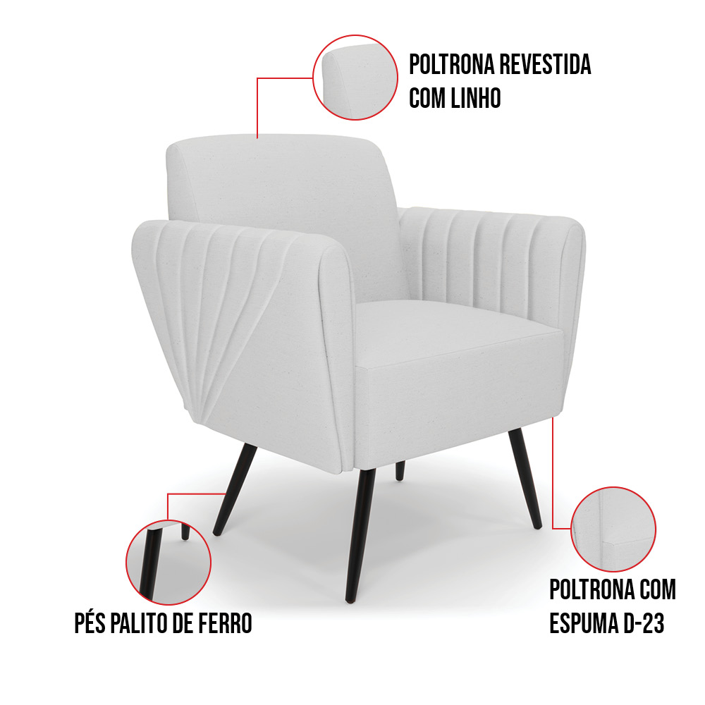 Sofá Namoradeira com 2 Poltronas Pés Palito de Ferro Bruna Linho Cinza A05 - D'Rossi