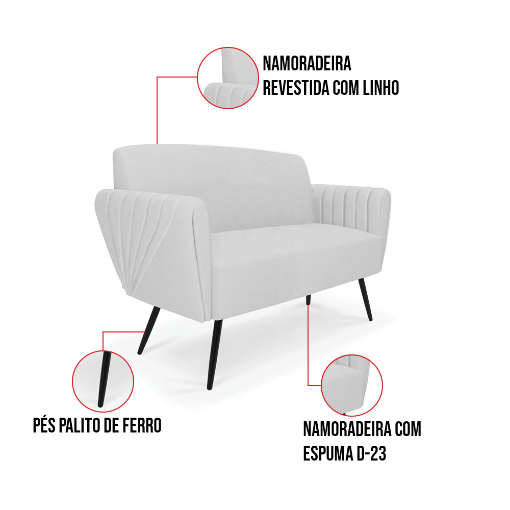 Sofá Namoradeira com 2 Poltronas Pés Palito de Ferro Bruna Linho Cinza A05 - D'Rossi