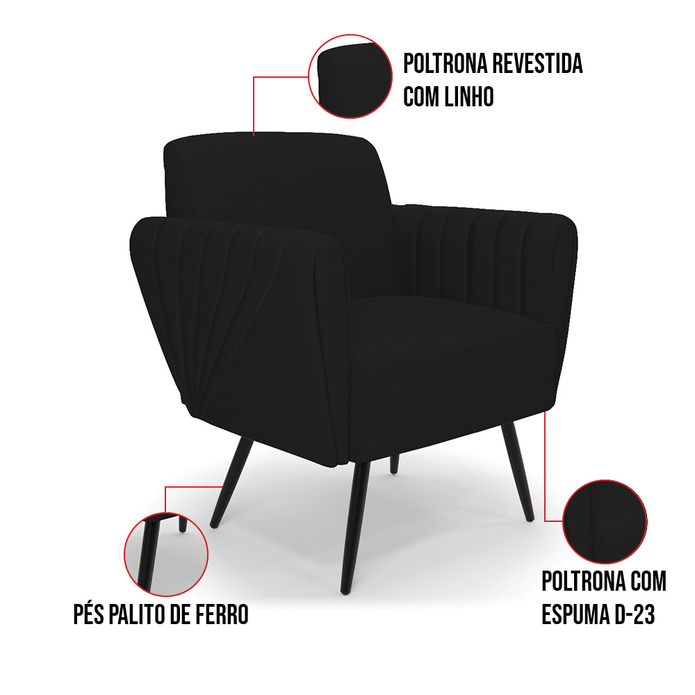 Sofá Namoradeira com 2 Poltronas Pés Palito de Ferro Bruna Linho Preto A79 - D'Rossi