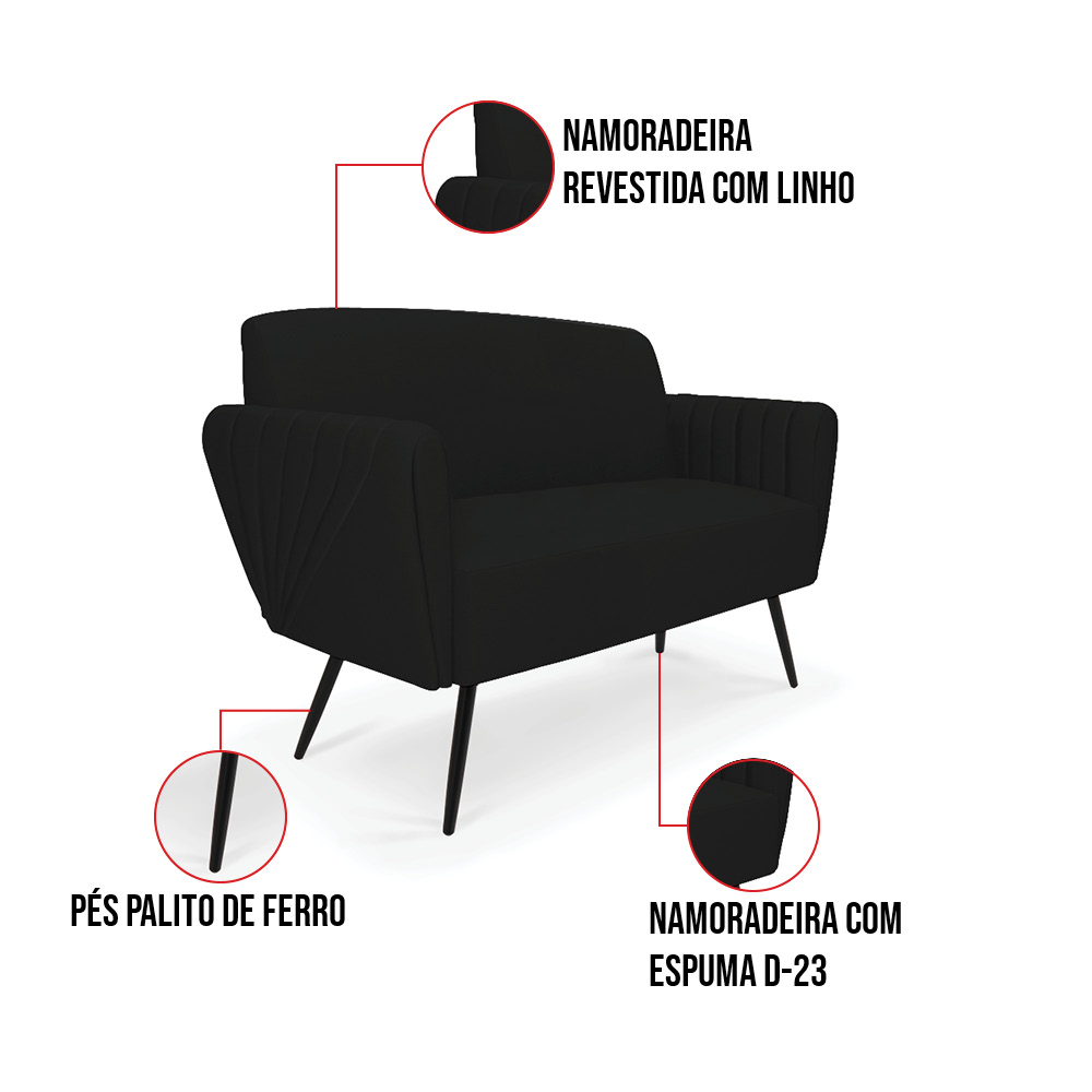 Sofá Namoradeira com 2 Poltronas Pés Palito de Ferro Bruna Linho Preto A79 - D'Rossi