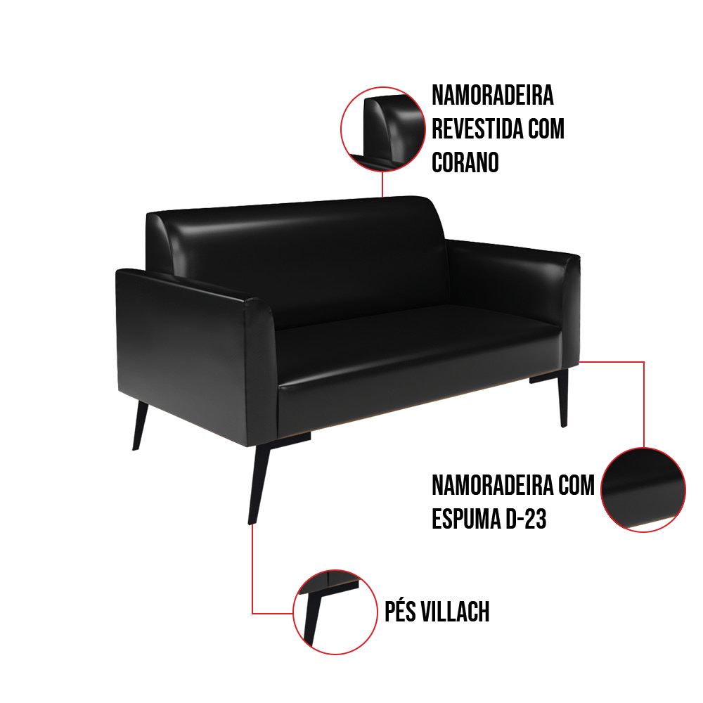 Sofá Namoradeira com 2 Poltronas Pés Villach Marisa Corano Preto D03 - D'Rossi