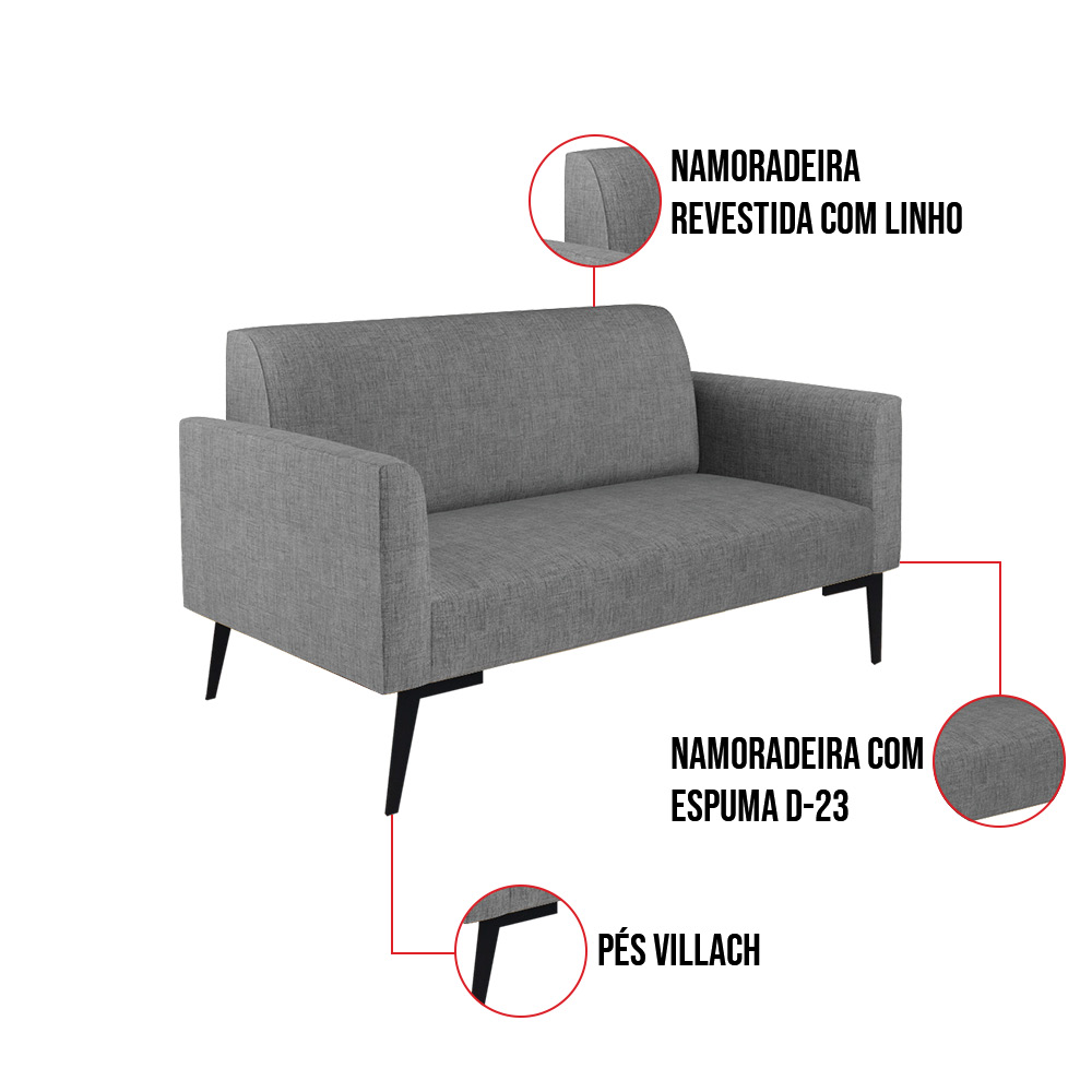 Sofá Namoradeira com 2 Poltronas Pés Villach Marisa Linho Grafite A26 D03 - D'Rossi