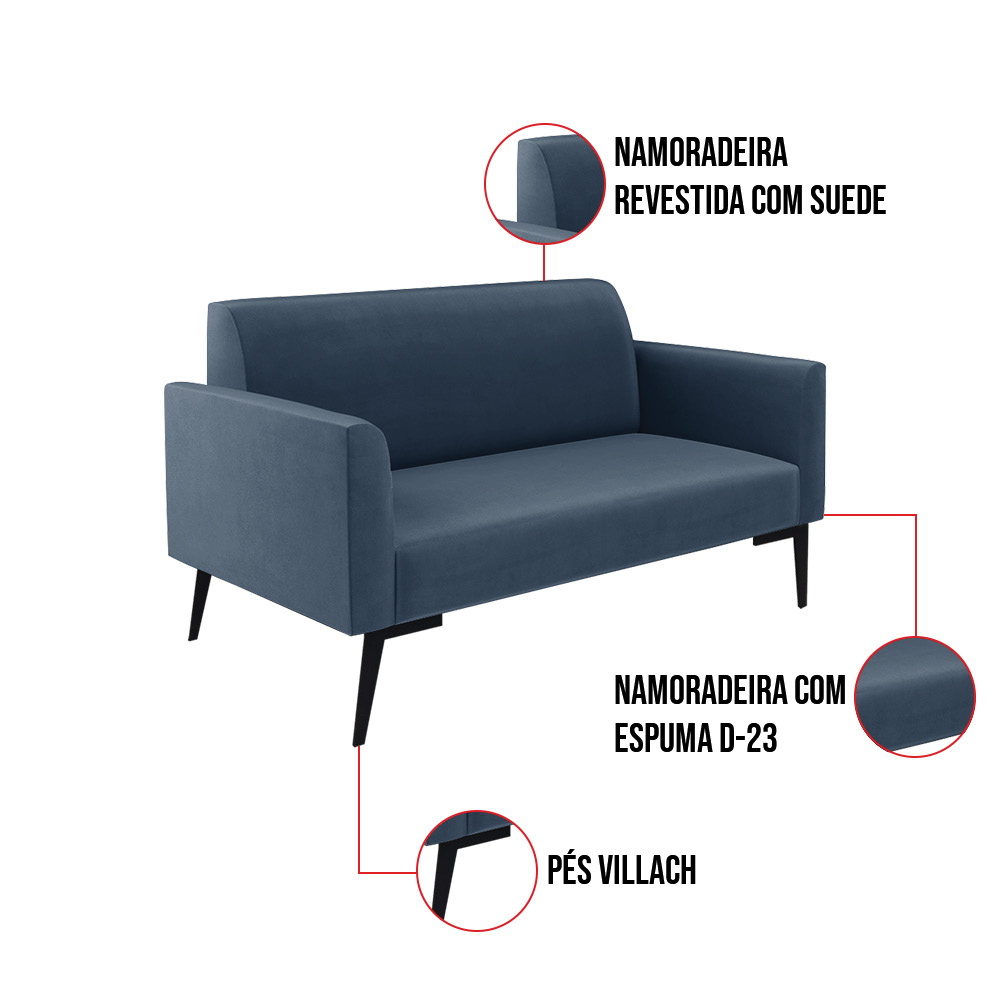 Sofá Namoradeira com 2 Poltronas Pés Villach Marisa Suede Azul Marinho D03 - D'Rossi