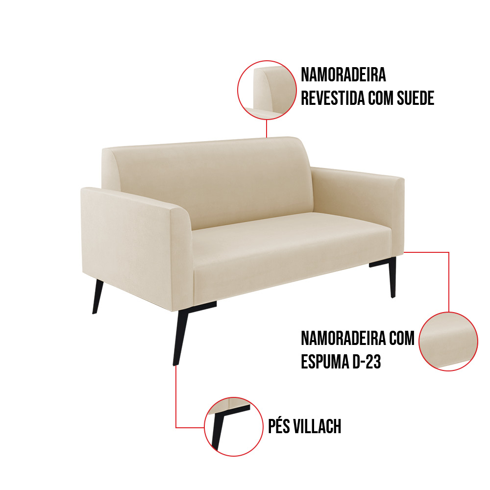 Sofá Namoradeira com 2 Poltronas Pés Villach Marisa Suede Bege D03 - D'Rossi