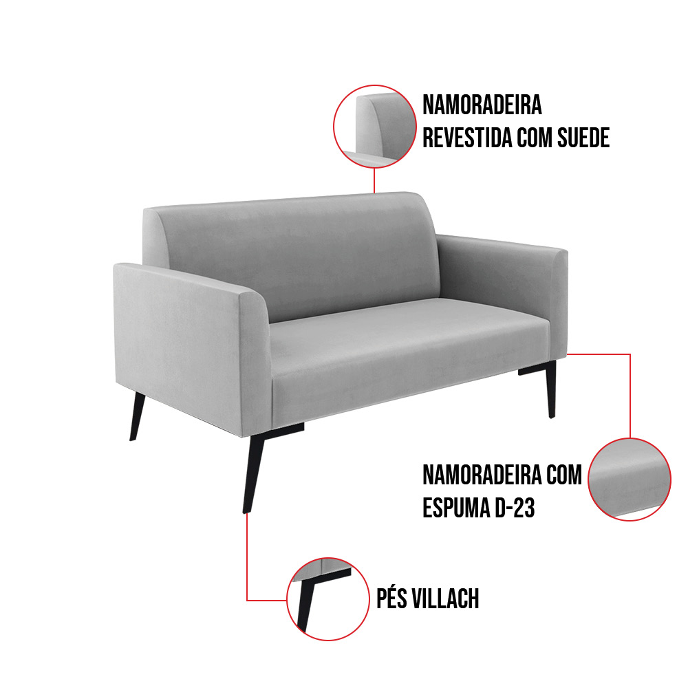 Sofá Namoradeira com 2 Poltronas Pés Villach Marisa Suede Cinza D03 - D'Rossi