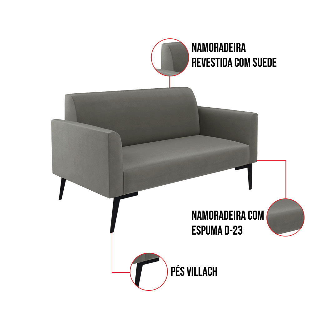 Sofá Namoradeira com 2 Poltronas Pés Villach Marisa Suede Grafite D03 - D'Rossi