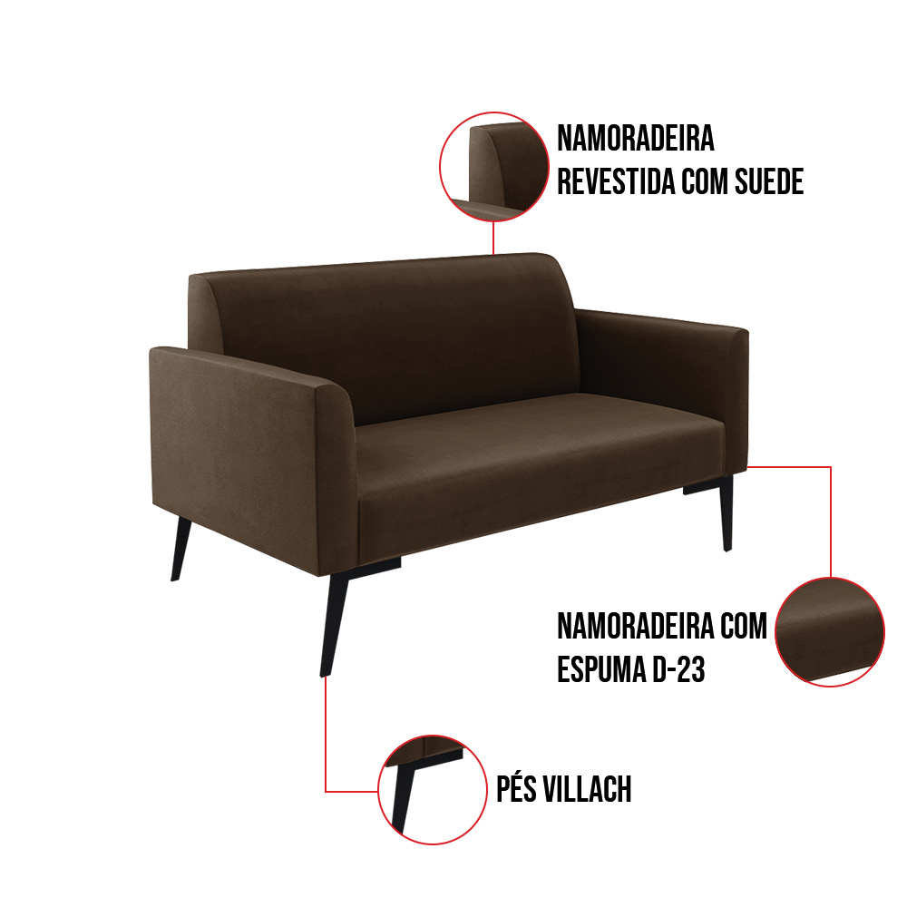Sofá Namoradeira com 2 Poltronas Pés Villach Marisa Suede Marrom D03 - D'Rossi