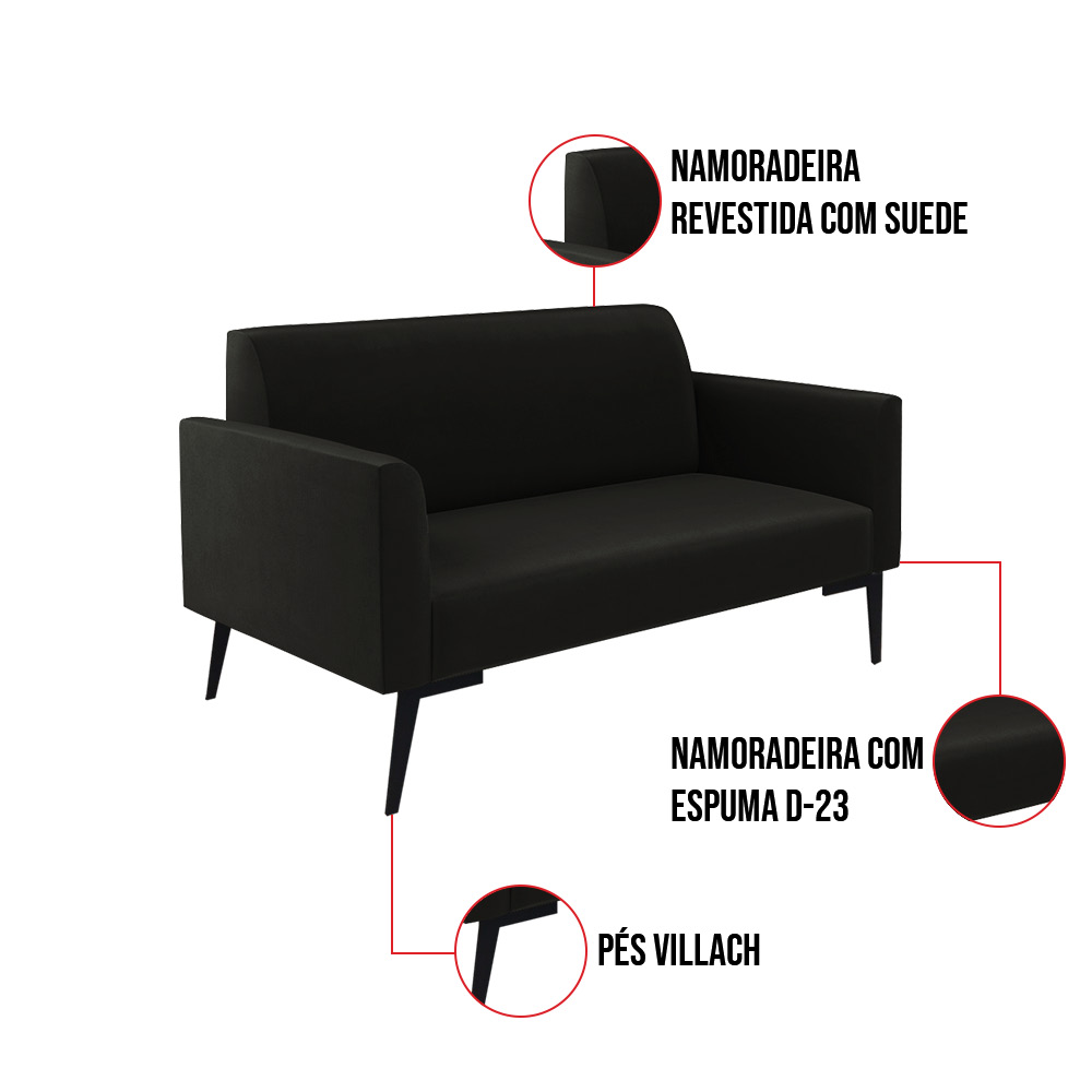 Sofá Namoradeira com 2 Poltronas Pés Villach Marisa Suede Preto D03 - D'Rossi