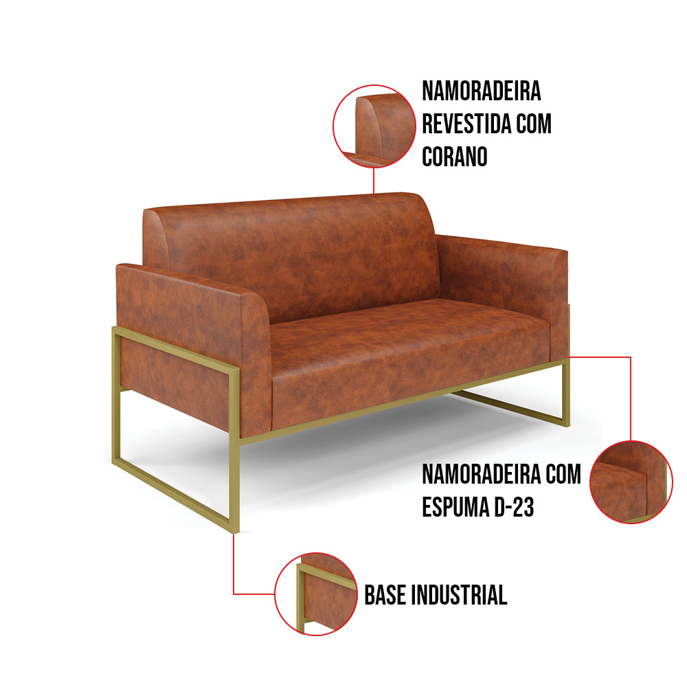 Sofá Namoradeira com Poltrona Base Industrial Alta Dourado Marisa Corano Nozes D03 - D'Rossi