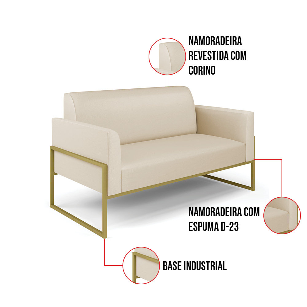 Sofá Namoradeira com Poltrona Base Industrial Alta Dourado Marisa Corino Bege D03 - D'Rossi