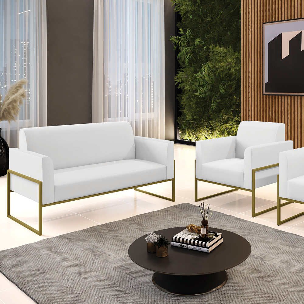 Sofá Namoradeira com Poltrona Base Industrial Alta Dourado Marisa Corino Branco D03 - D'Rossi