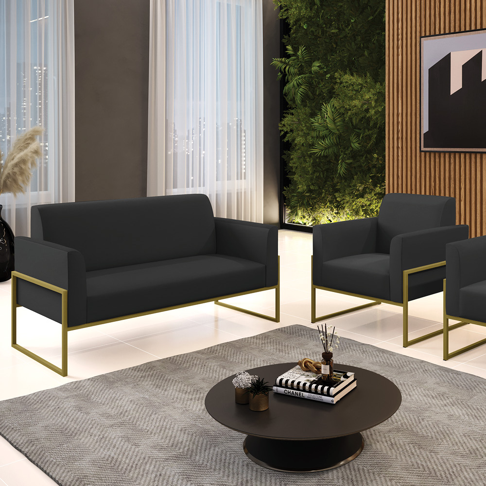 Sofá Namoradeira com Poltrona Base Industrial Alta Dourado Marisa Corino Preto D03 - D'Rossi