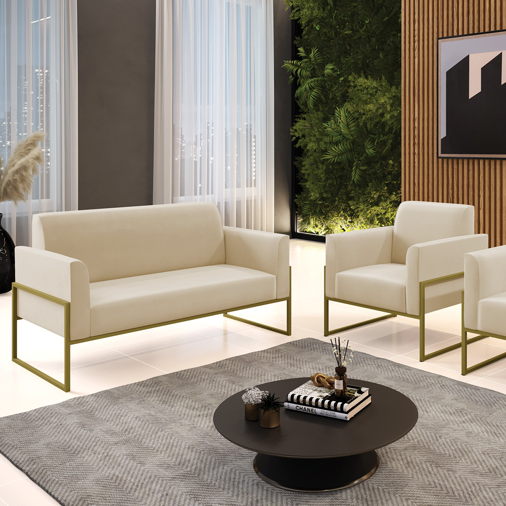 Sofá Namoradeira com Poltrona Base Industrial Alta Dourado Marisa Suede Bege D03 - D'Rossi