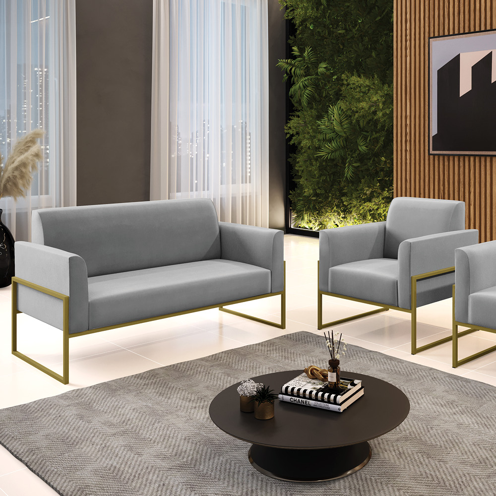 Sofá Namoradeira com Poltrona Base Industrial Alta Dourado Marisa Suede Cinza D03 - D'Rossi
